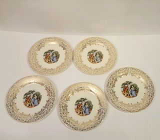 Set Of 5 Vintage Sebring Pottery Co " Chantilly " Dessert Plates 22k Gold 6 1/4 "