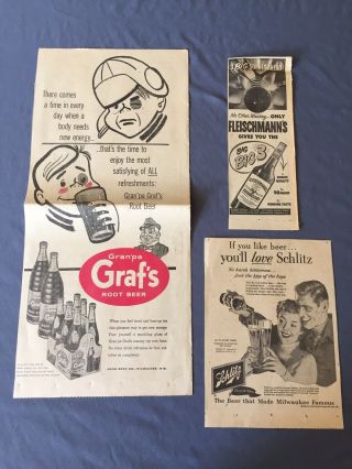 Vintage 1950s Newspaper Ads Schlitz Beer Granpa Grafs Fleischmanns