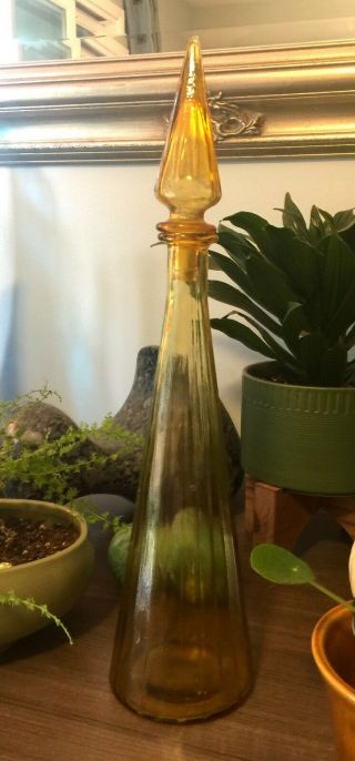 Vintage Mid Century Amber Italian Art Glass Genie Bottle Decanter 19” Empoli