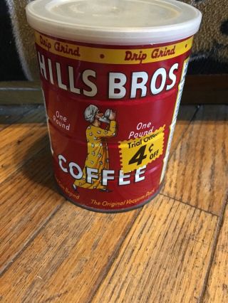 Vintage Hills Bros Coffee Tin Can Empty With Lid One Pound Size 4 Cents Off
