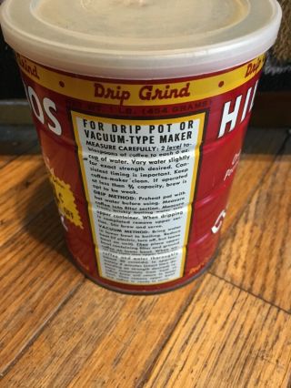 vintage Hills bros Coffee tin Can EMPTY with Lid one pound size 4 cents off 2