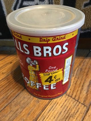 vintage Hills bros Coffee tin Can EMPTY with Lid one pound size 4 cents off 3