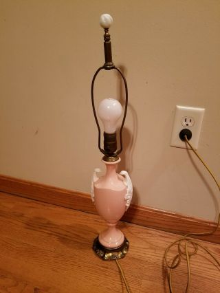 Vintage Mid - Century Pink Porcelain Pottery White Trim Urn Style Table Lamp