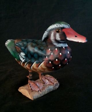 Vintage Hand Carved Wood & Painted Duck Sculpture,  6.  5 Inches
