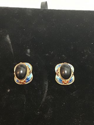 Vintage Chinese Export Gold Wash Silver Enamel Earrings W/ Onyx Center Clip On