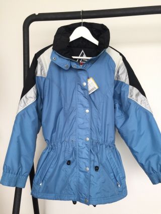 Vintage Retro Ski Jacket Blue Silver Black L 80s 90s Womens Parka Ladies