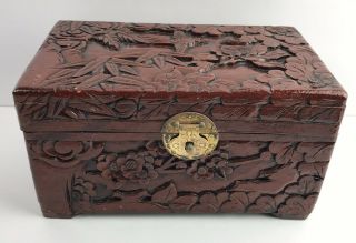 Vintage Carved Asian Box Camphor Chinese Jewelry Wood Floral Bird