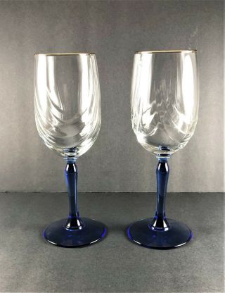 2 - Vintage Lenox Cobalt Blue Stem Double Swag Wine Glasses With Gold Rim 8 1/4 " T