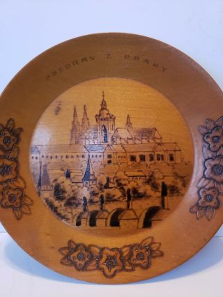 Pozdrav Z Prahy Vintage Wood Souvenir Plate Prague Czechoslovakia