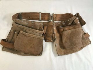 Vintage Multi Compartment Suede Leather Construction Tool Belt Pouch Hd15