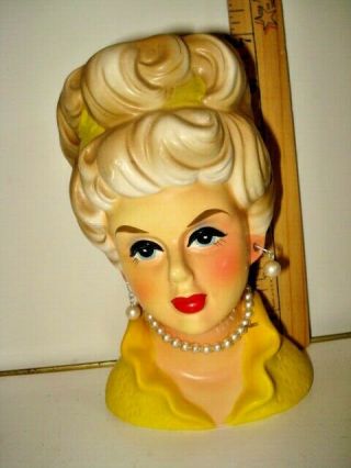 Vintage Rubens Originals 7 " Lady Head Vase Planter W/earrings & Necklace Yellow