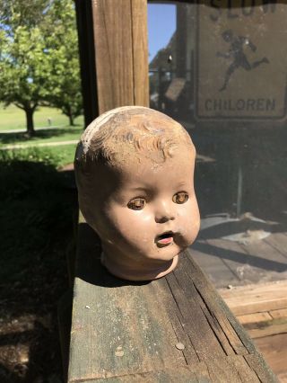 Antique Creepy Large Doll Head Vintage Eyes Open Close Composition Old