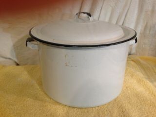 Vintage 11 " Enamel White Black Trim Stock Pot With Lid
