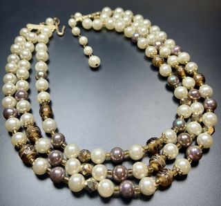 Signed Japan Vintage Necklace Choker 15” Long Amber Art Glass Triple Strand
