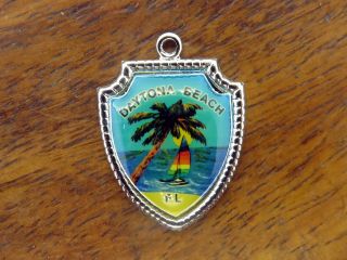 Vintage Silver Daytona Beach Florida State Palm Tree Travel Shield Charm E11