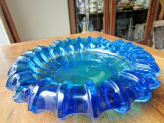 Collectible Vintage Ash Tray,  Turquoise Blue,  Cut Glass,  7 " Dia,  Piece