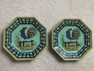 2 Vintage Quimper Plates With Roosters 7.  75”