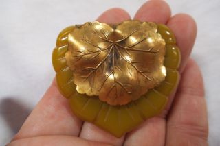 Vintage Carved Yellow Bakelite With Brass 2 Layer Leaf Brooch - Gd