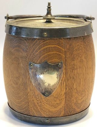 Vintage Wooden Copper / Brass Banded Biscuit Barrel Ice Box With Ceramic Liner