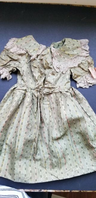 Antique Green Silk Print Doll Dress With Lace Collar Cuffs Fits 24 " Ant Bisque