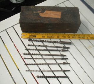 Vintage Antique Woodworking Drill Auger Bits (8) In Old Wooden Box