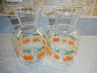 2 Vintage Glass Juice Pitcher Jar Jug Carafe Oranges Leaves 28oz.