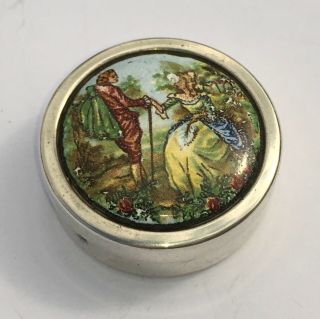 Antique / Vintage Sterling Silver Pill / Patch Box With Enamel Classical Scene