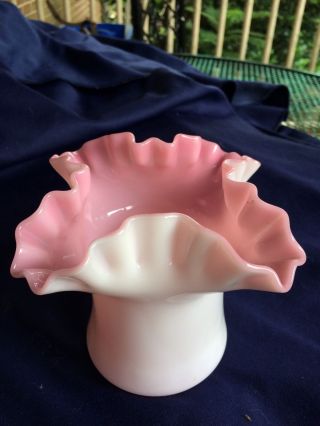 Vtg Fenton Ruffled Pink Peach Crest Vase White Base 5 In Sweet Bowl