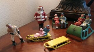 Vintage Set Of Cast Iron Santa / Sleigh,  Bench / Figures And Sled Riders