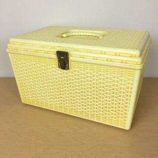Vintage Wil - Hold Gold/yellow Wicker Basketweave 2 Tray Large Plastic Sewing Box
