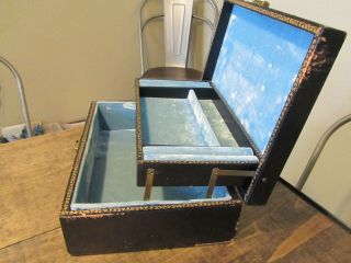 Antique Vintage Gilt Jewelry Box Blue Velvet Lining Black Case Velour