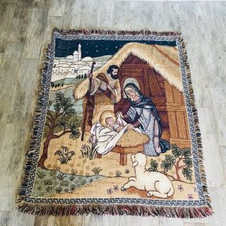 Throw Blanket Vintage Home Decor Rug Vtg Nativity Jesus Mary Lamb God Spiritual