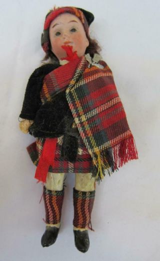 Antique 5” Bisque W/ Glass Eyes Paper Mache Body Dollhouse Doll Scottish