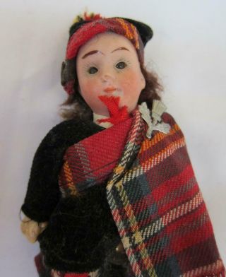 Antique 5” Bisque w/ Glass Eyes Paper Mache Body Dollhouse Doll Scottish 2