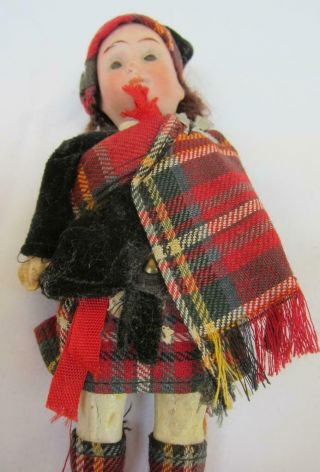 Antique 5” Bisque w/ Glass Eyes Paper Mache Body Dollhouse Doll Scottish 3