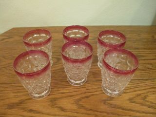 Set Of 6 Vintage Clear Glass Juice Glasses - Thumbprint Pattern Red Edge