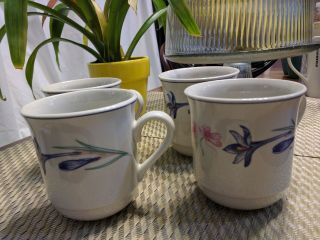 4 Vintage Forever Spring Stoneware Blue Trim & Iris Pink Pansies Mugs China