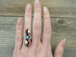 Vintage Old Pawn Navajo Sterling Silver Turquoise Coral Double Feather Ring Sz 6