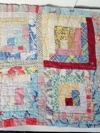 Vintage Feedsack Log Cabin Quilt Cutter Hand Stitched Tattered Torn 20 X 18 Lc9