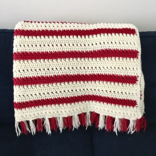 Vintage Knit Crochet Afghan Throw Blanket Red White Stripe Fringe Tassels Boho