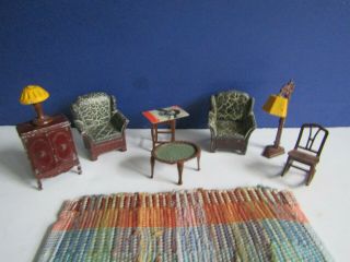 Vtg Tootsie Toy Doll House Furniture Green Living Room Furniture W Lamps