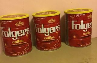 3 Vintage Folger’s Coffee Cans,  Perfect For Rustic Cannister Usage