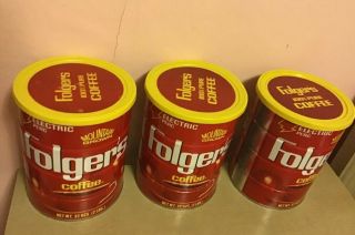 3 Vintage Folger’s Coffee Cans,  Perfect For Rustic Cannister Usage 2