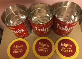 3 Vintage Folger’s Coffee Cans,  Perfect For Rustic Cannister Usage 4
