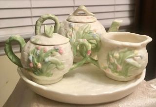 Vtg Dollhouse Miniature Tea Set Flowers Deco Plate Teapot Creamer Sugar Bisque