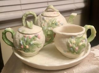 VTG Dollhouse Miniature Tea Set Flowers Deco Plate Teapot Creamer Sugar Bisque 3