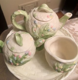 VTG Dollhouse Miniature Tea Set Flowers Deco Plate Teapot Creamer Sugar Bisque 4