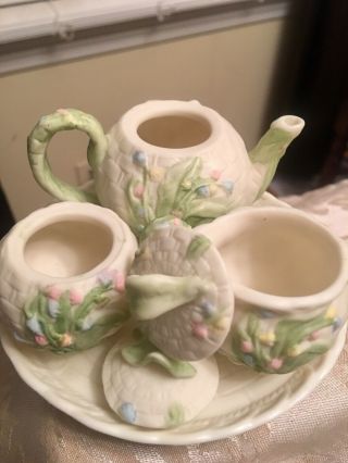 VTG Dollhouse Miniature Tea Set Flowers Deco Plate Teapot Creamer Sugar Bisque 5