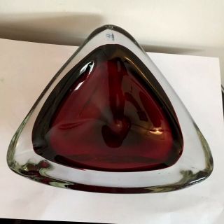 Vintage 1970s Murano Ruby Red To Clear Heavy Sommerso Glass Ashtray Bowl