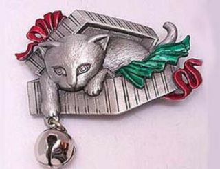 Jj Vintage Christmas Kitty In Gift Box Playing With A Bell Articulated Brooch